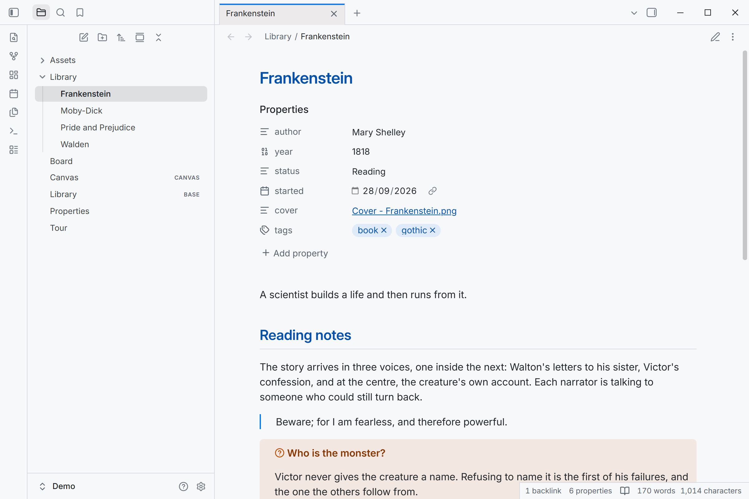 A reading note with properties, a quote and a callout, in light mode