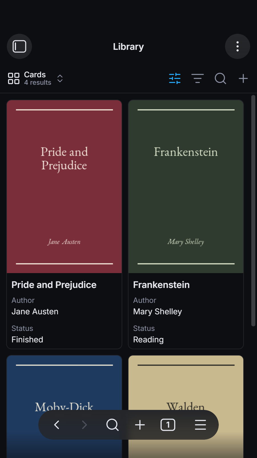 The base's book covers on a phone, in dark mode