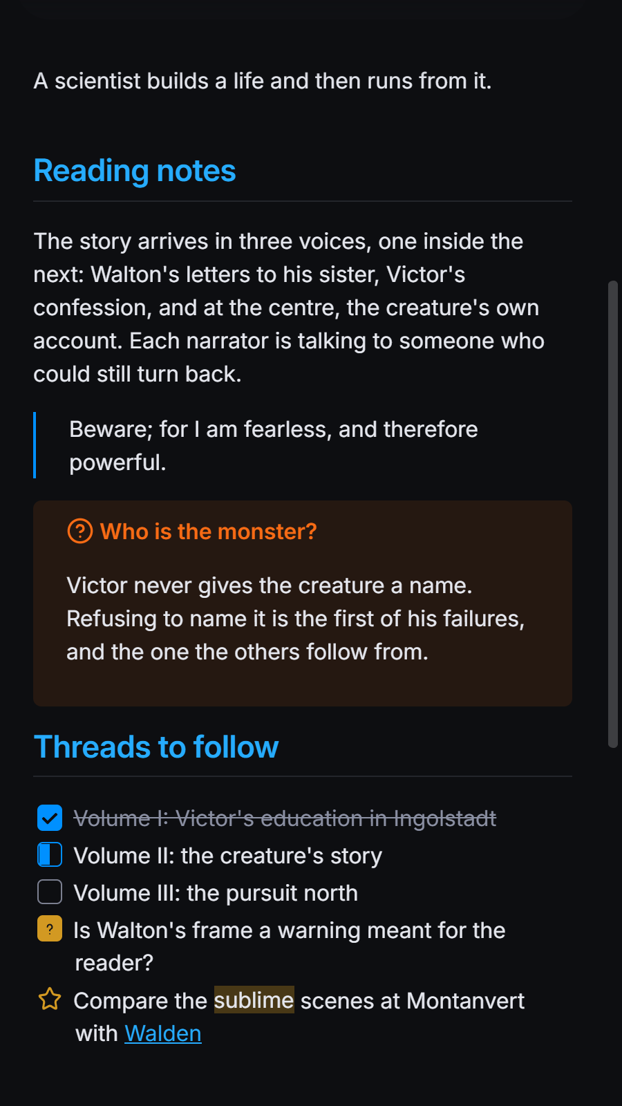 The reading note on a phone, in dark mode
