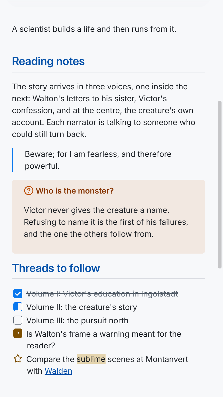 The reading note on a phone, in light mode