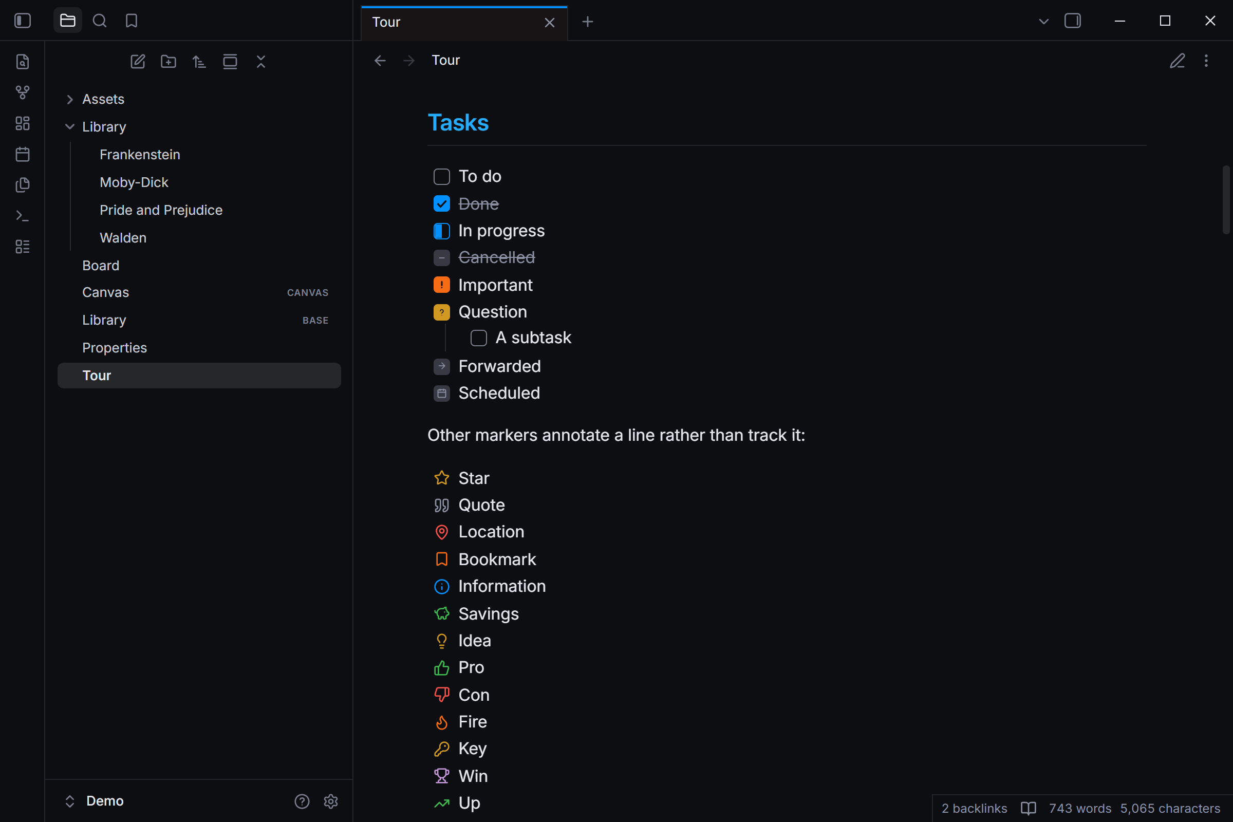 Task markers, each with its own mark, in dark mode