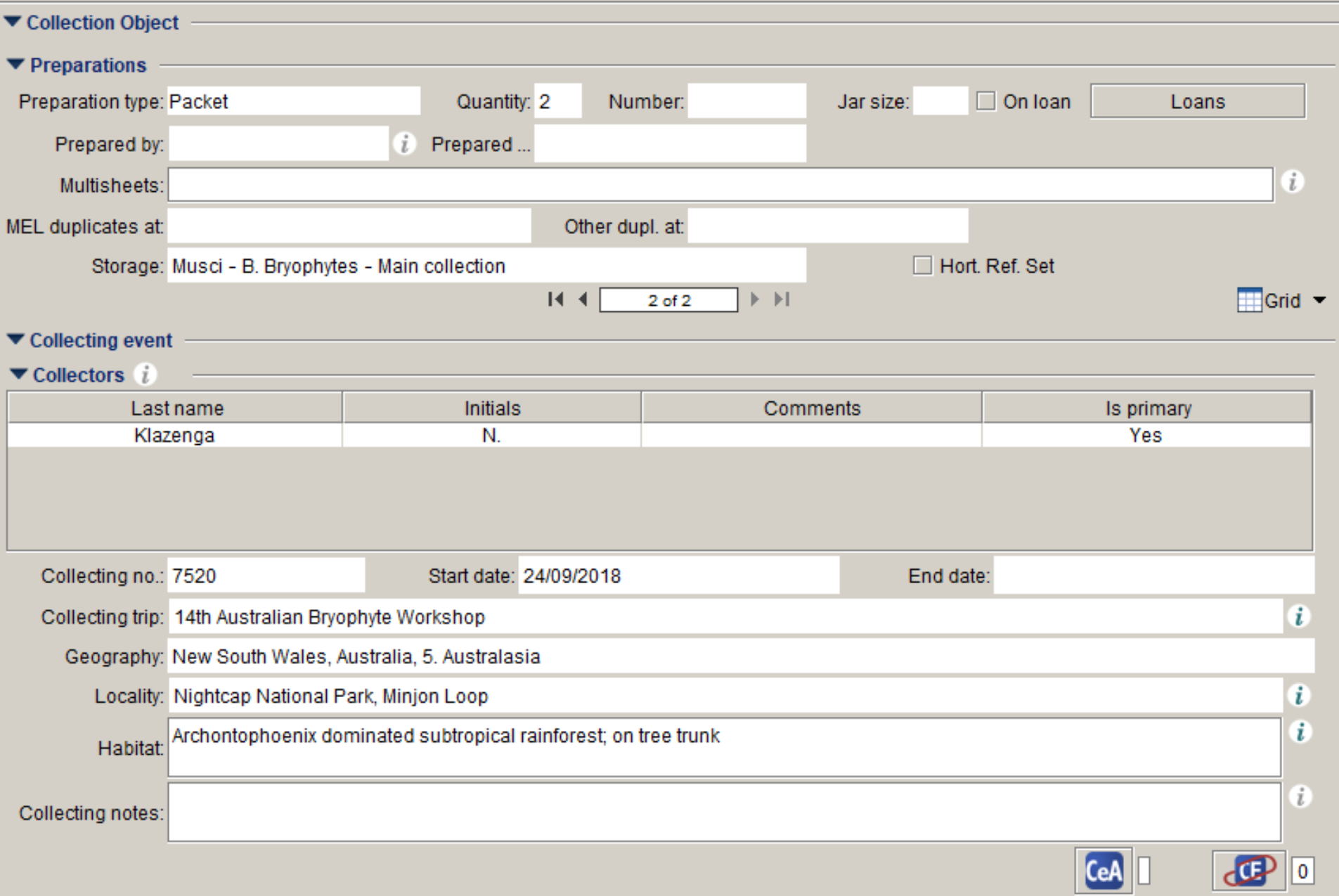 Screenshot of MEL Collecting Event subform showing Collecting Trip query box.