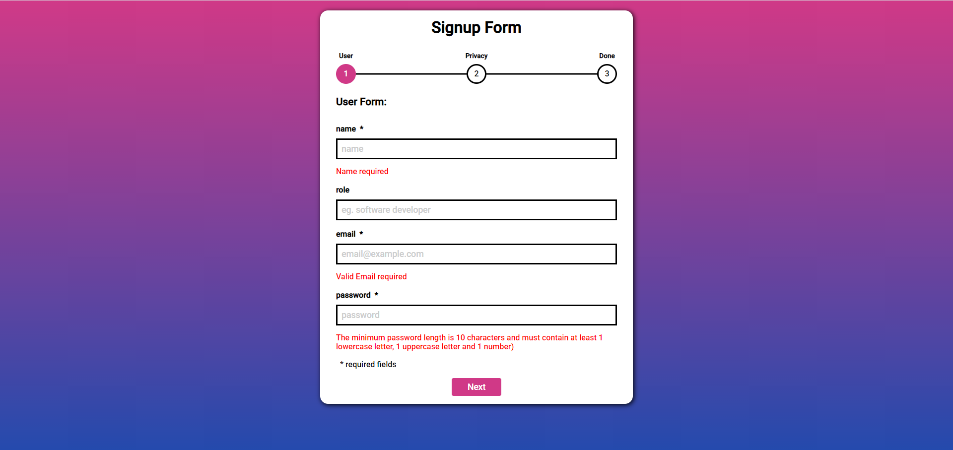 Component for Signup Page