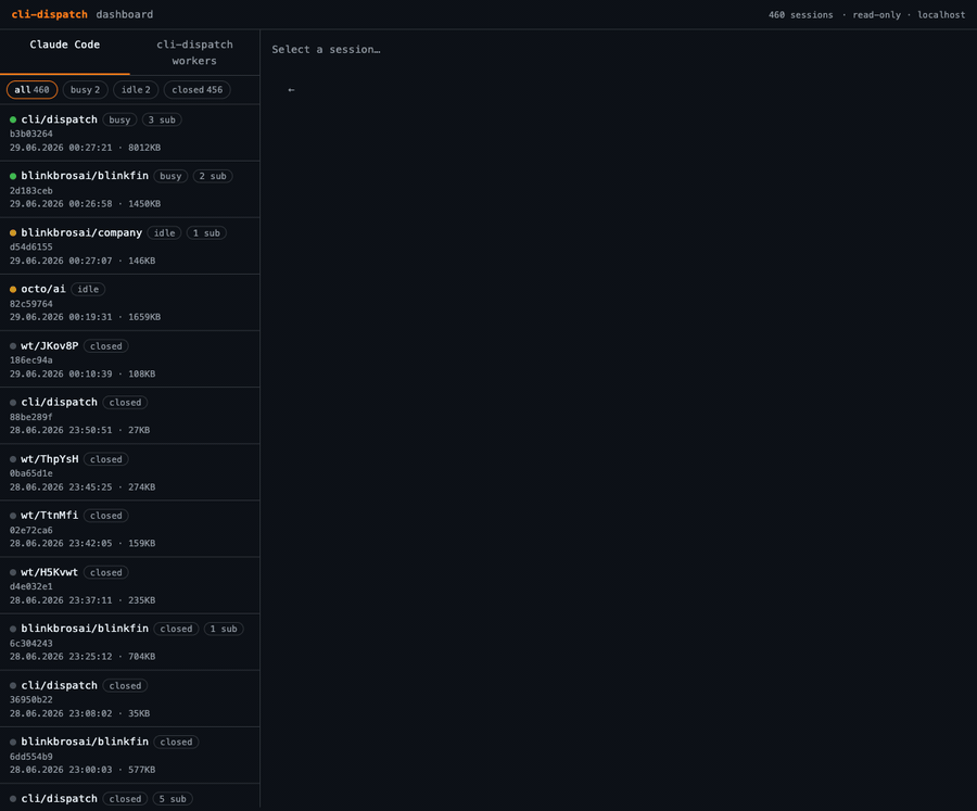 cli-dispatch dashboard — live session list, subagent drill-down (ds/ag/cx/oc/cp-runner), worker session trace per backend