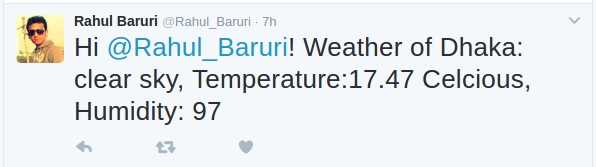 Twitter Weather BOT responded back with information to the user