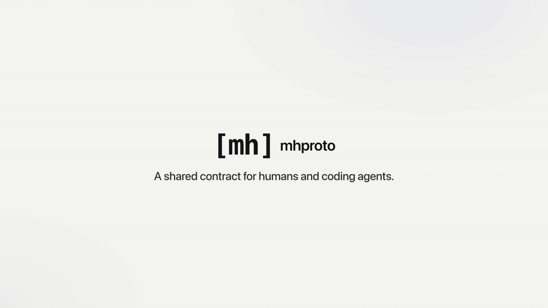 42-second walkthrough of MHProto. The same rule ID links a feature's Markdown rules, OpenAPI operation, example and test. The browser viewer shows the feature, an endpoint page, a type page listing every endpoint that uses it, and the changes since the last snapshot. The terminal prints the compact context packet an agent reads for one endpoint. The viewer then shows 10 of 10 linked checks passing. The video ends with npm install -D mhproto@next.