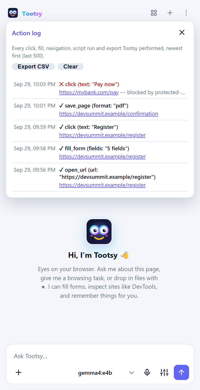 The action log listing recent clicks, form fills and a blocked action on a protected site