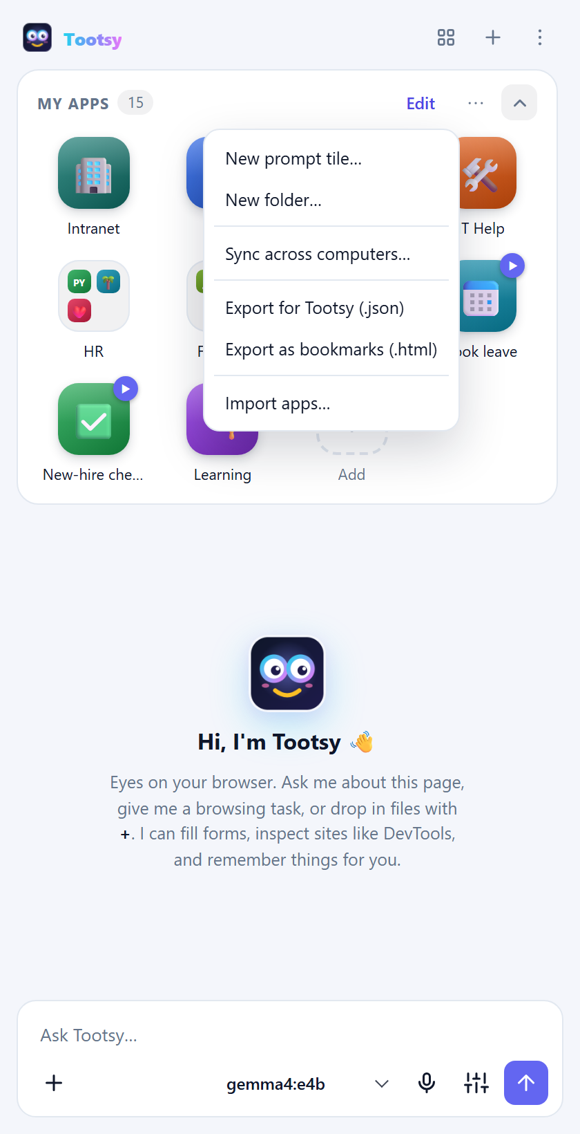 The My apps menu with New prompt tile, New folder, Sync across computers, Export and Import apps