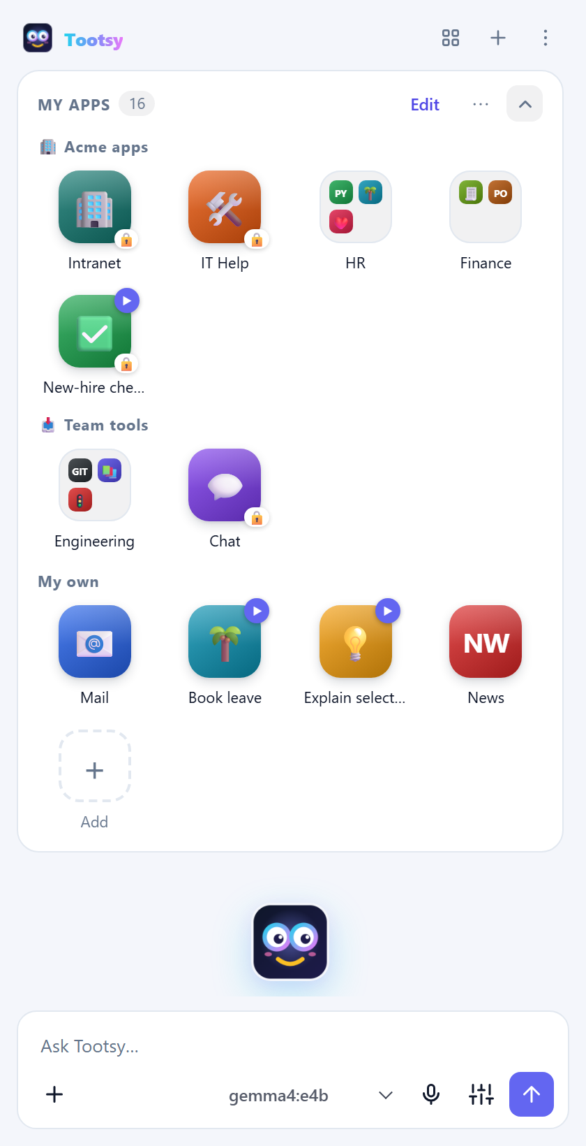 My apps with a locked Acme apps section, a subscribed Team tools section and the user's own apps
