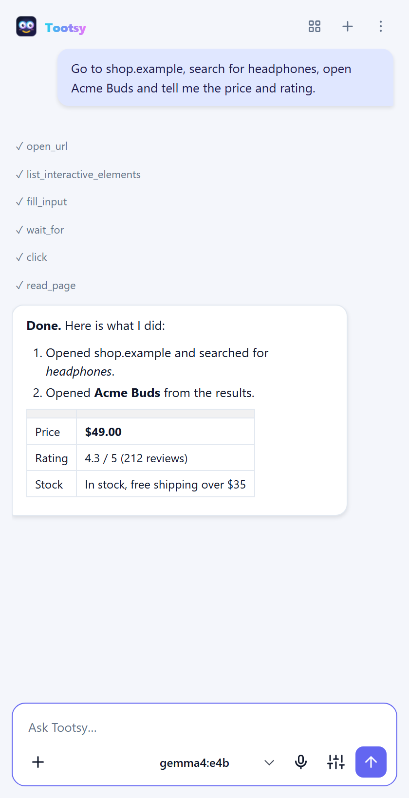 Tootsy completing a multi-step shopping task hands-free and reporting price, rating and stock