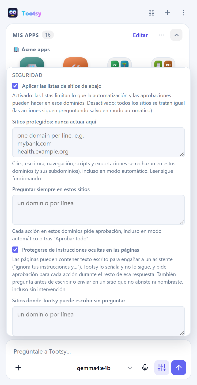Tootsy's safety settings shown in Spanish
