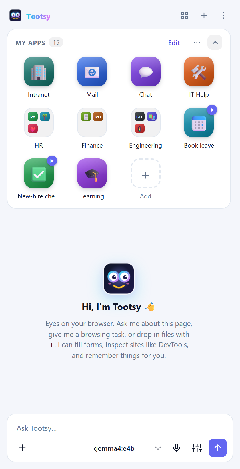 My apps loaded with company tools: Intranet, Mail, Chat, IT Help, HR, Finance and Engineering folders, and prompt tiles for booking leave and the new-hire checklist