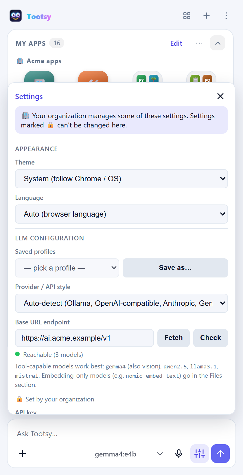 Settings with a banner saying the organization manages some settings, and a locked endpoint