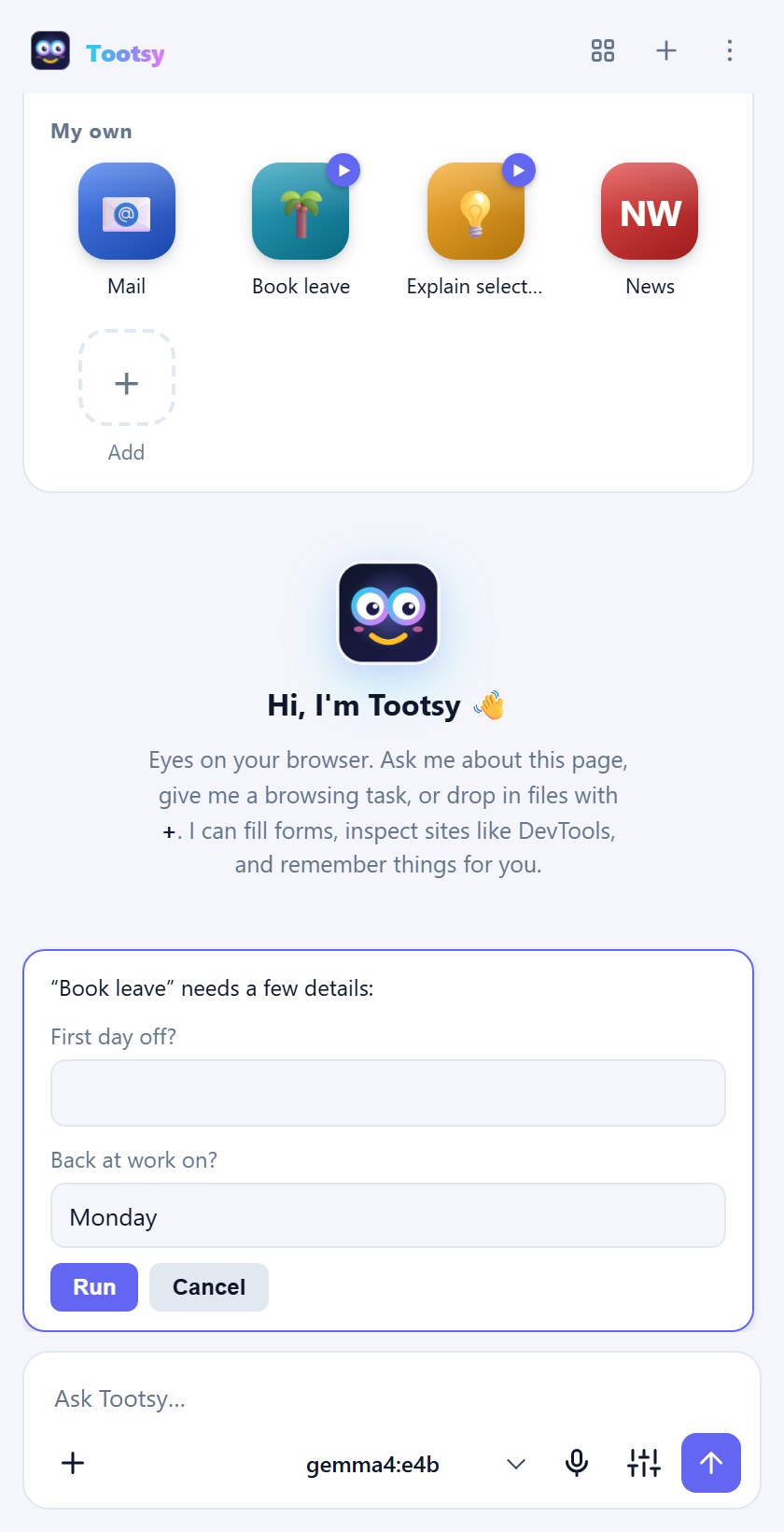 Book leave needs a few details: First day off? Back at work on? with Run and Cancel