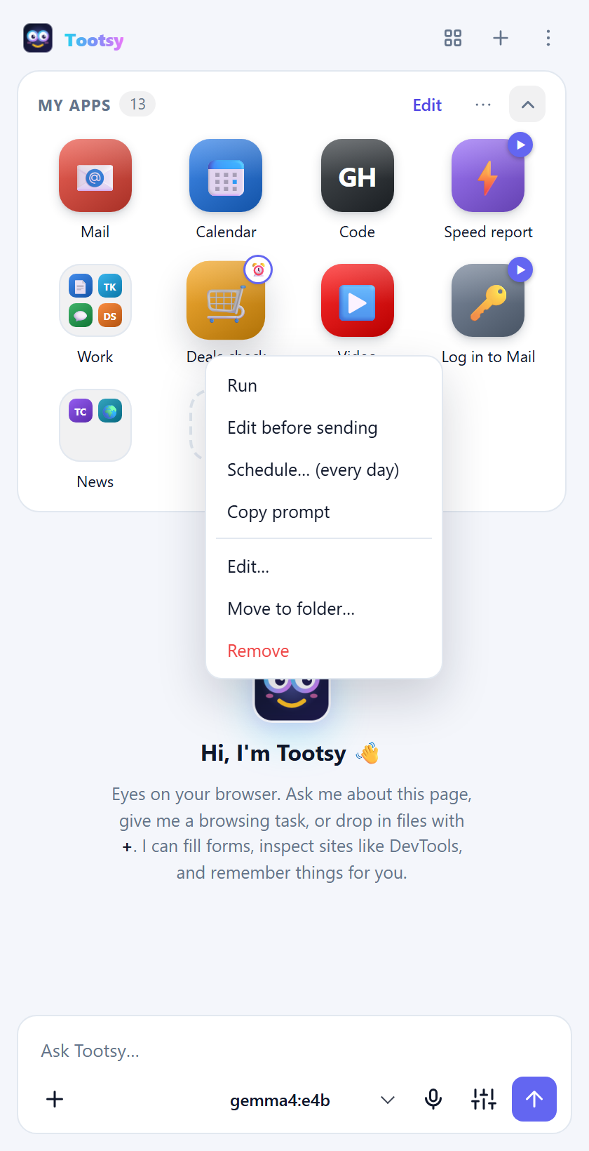 Right-click menu of a prompt tile: Run, Edit before sending, Schedule, Copy prompt