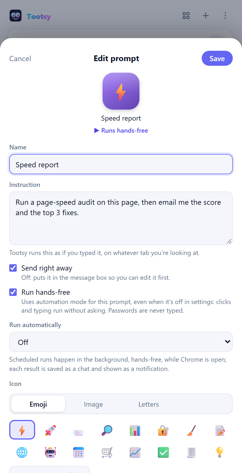 Editing a prompt tile: name, instruction, send right away, run hands-free, schedule and icon