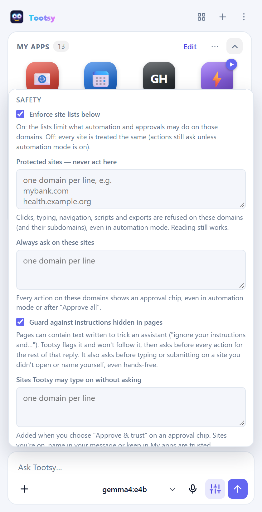 Safety settings: protected sites, always-ask sites, page guard and trusted sites