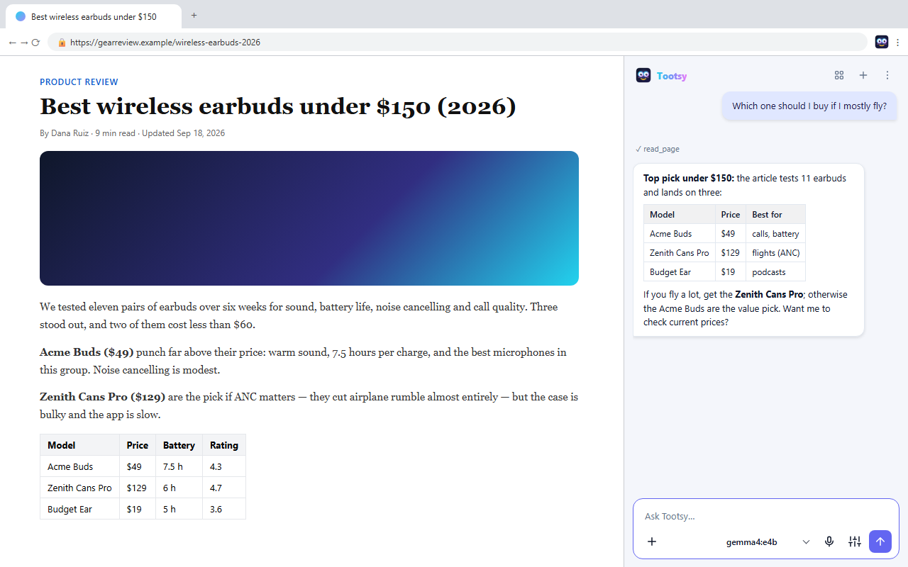 Tootsy answering which earbuds to buy from a review article, with a comparison table