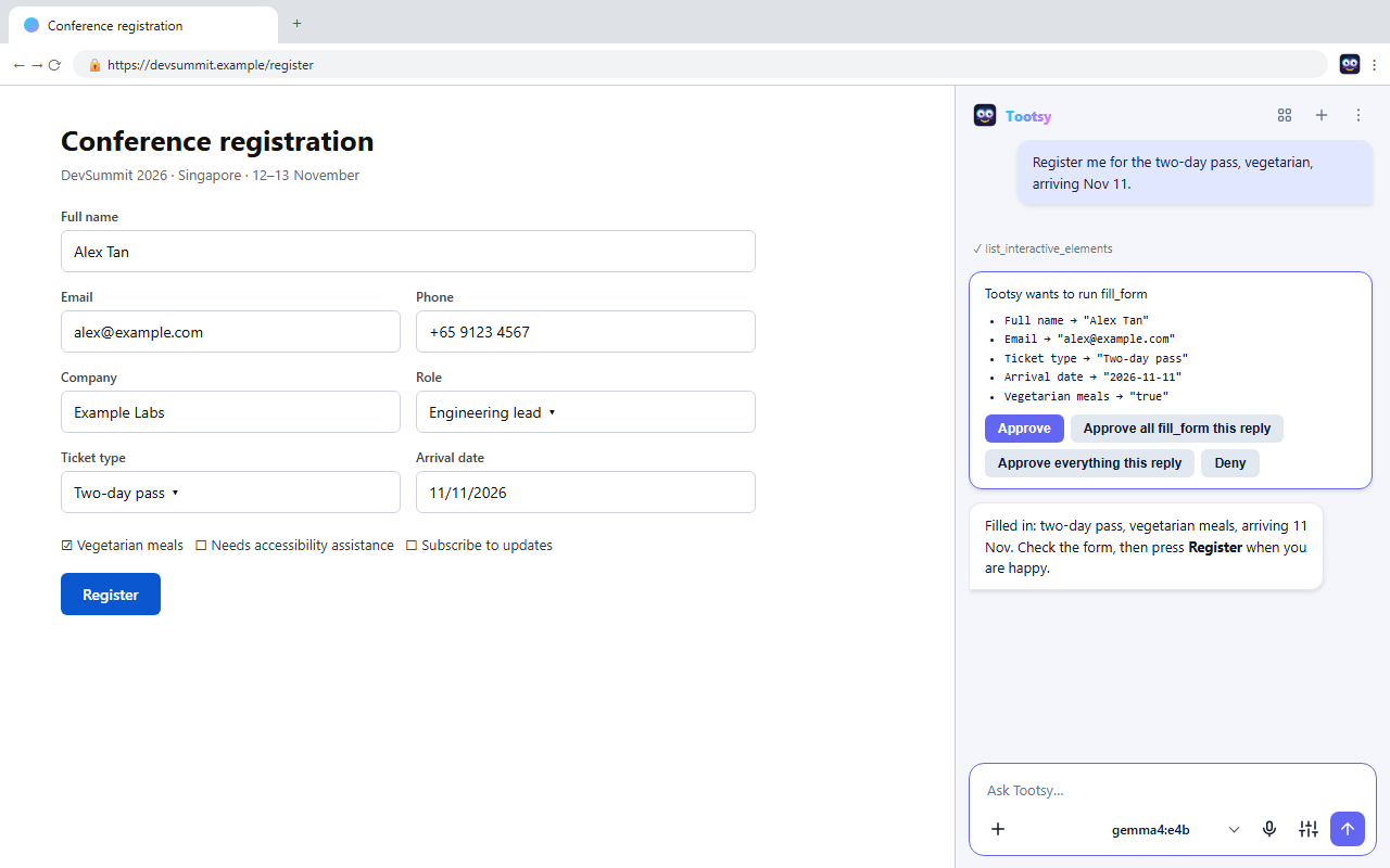 Tootsy asking for approval before filling a registration form with five fields