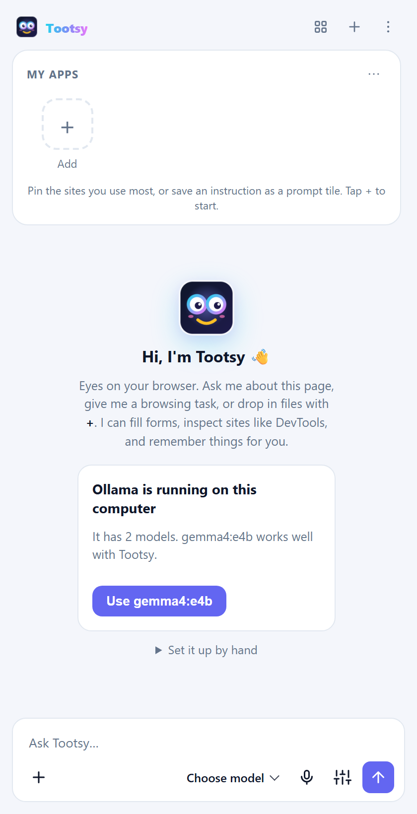 First-run helper: Ollama is running, with a Use gemma4:e4b button