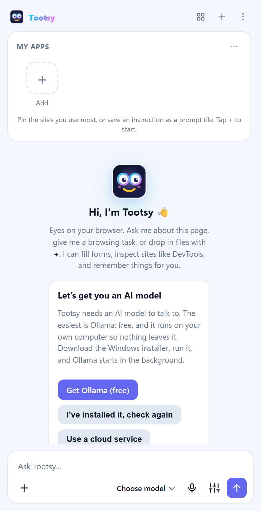 First-run helper: Let's get you an AI model, with Get Ollama, check again and cloud buttons
