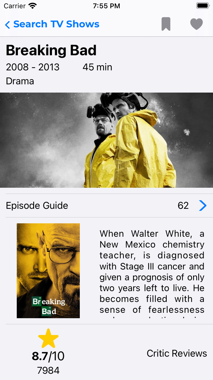 Breaking Bad details screen that is shown after searching for TV shows.