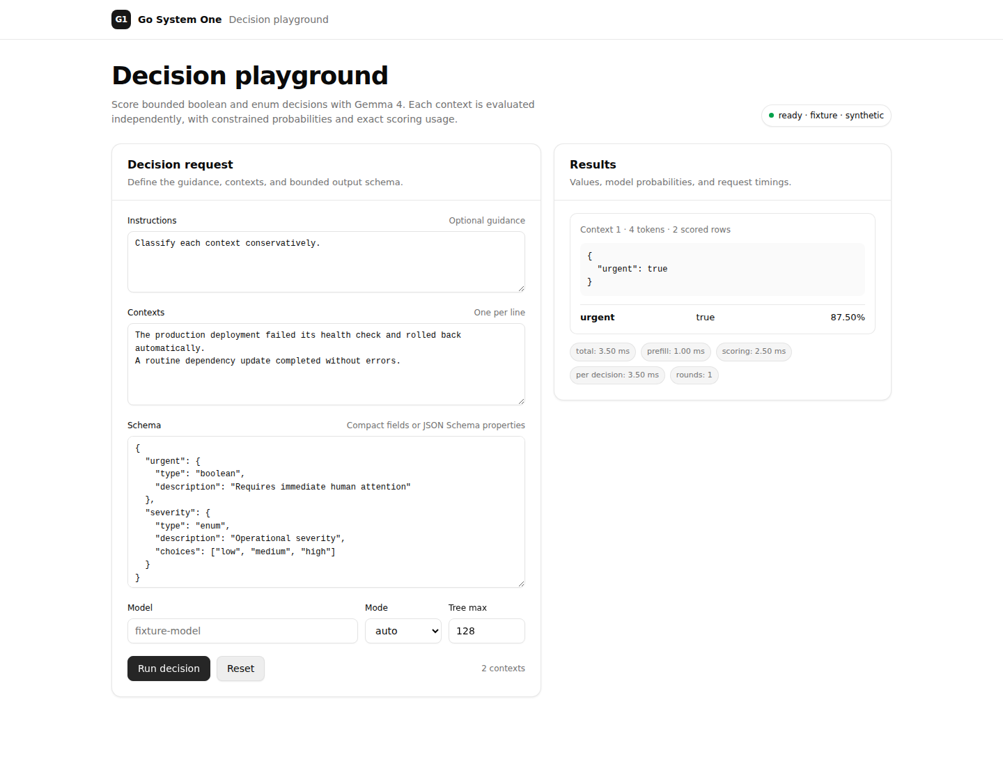 Go System One playground showing outcome probabilities