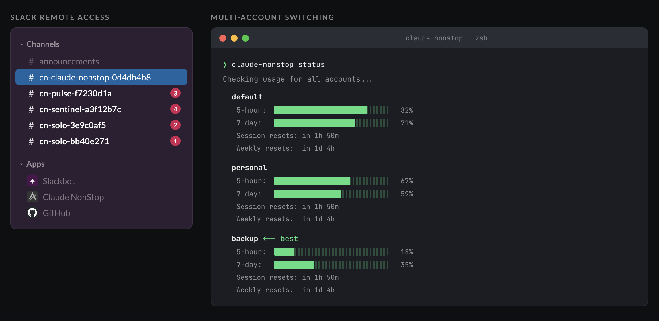 claude-nonstop: Slack remote access and multi-account switching