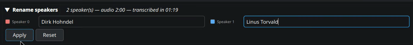 Accordéon Rename speakers : champs de saisie + Apply / Reset