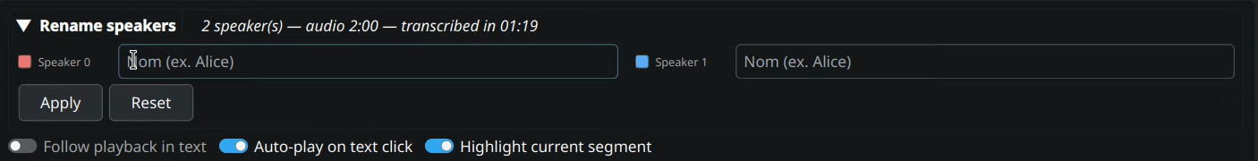 Toggles de synchronisation audio/texte sous l'accordéon Rename speakers