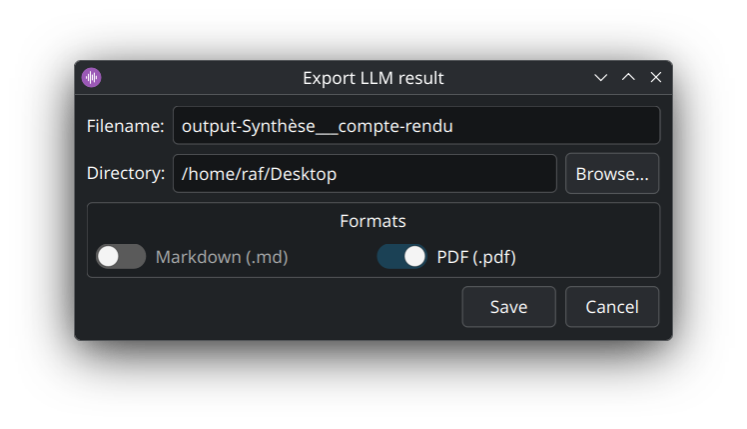 Dialog d'export LLM : Markdown ou PDF