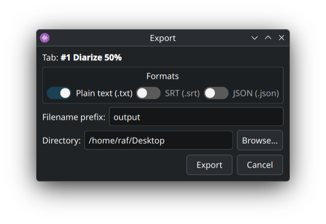 Dialog Export : onglet actif, format(s), préfixe de nom, dossier