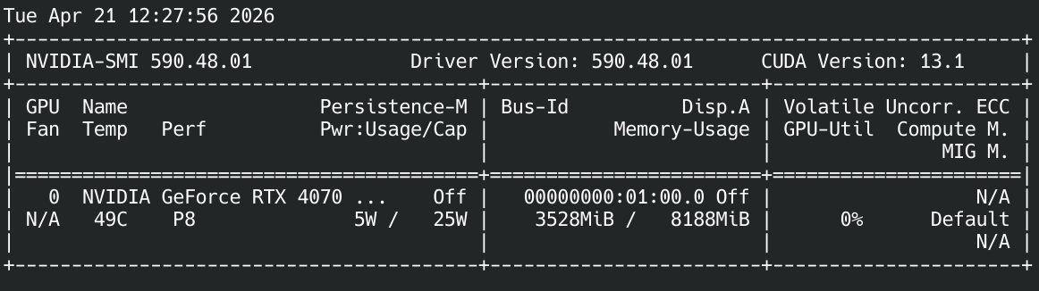 nvidia-smi output on RTX 4070 / driver 590 / CUDA 13.1