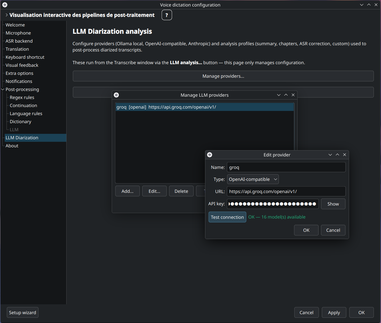 Dialog d'édition de provider