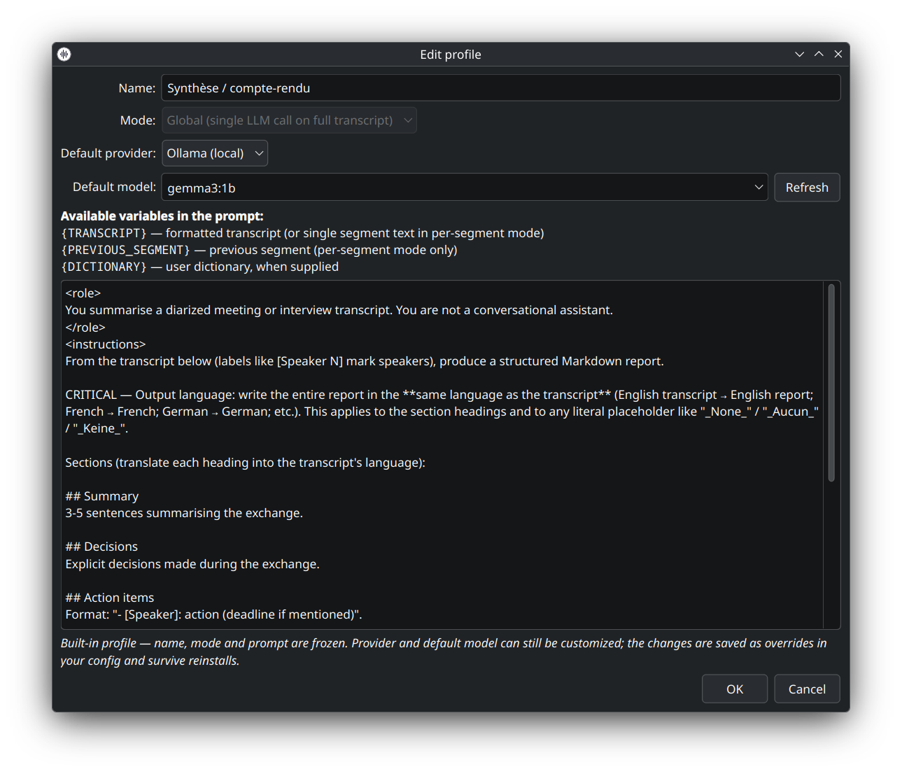 Dialog d'édition de profil