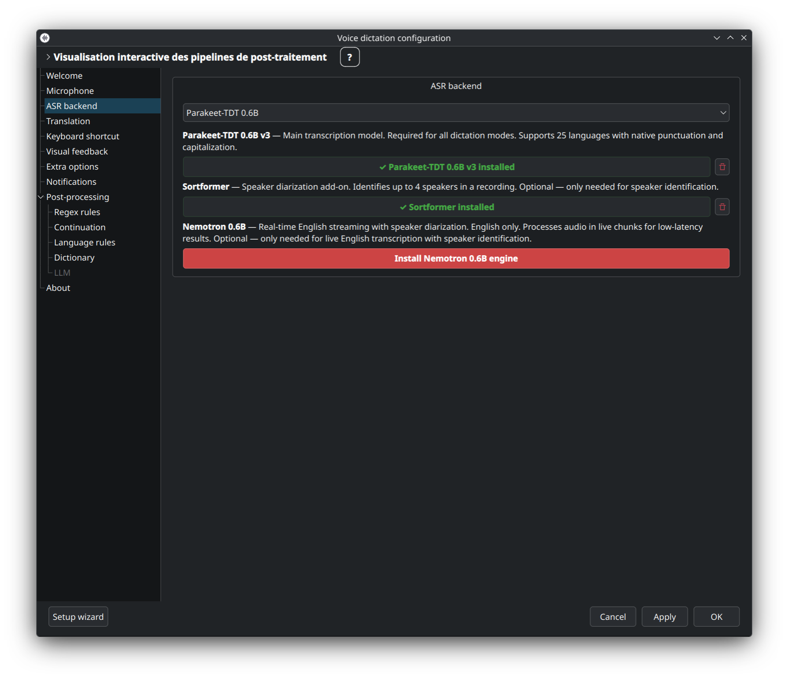 Backend ASR — configuration Parakeet-TDT