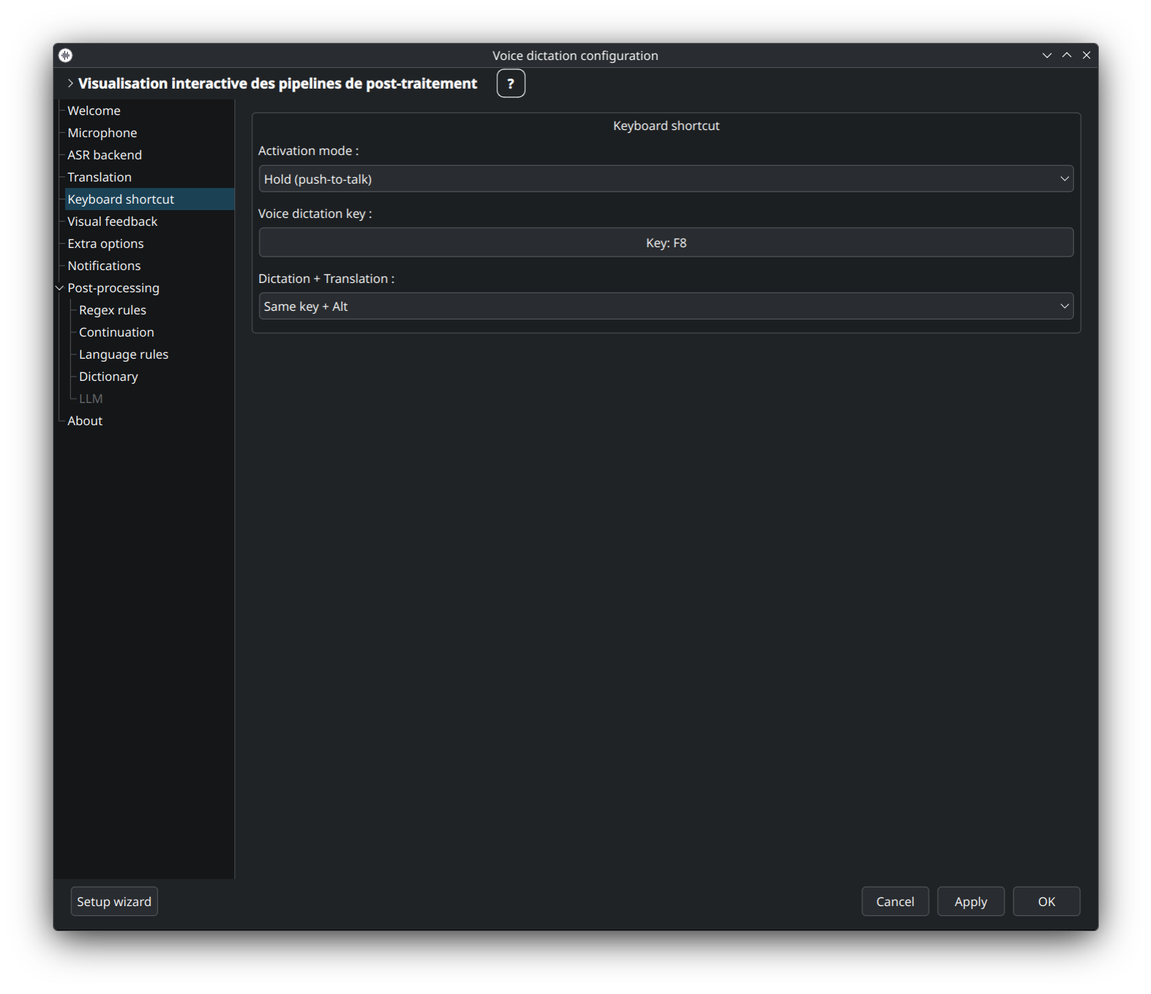 dictee-setup — Keyboard shortcut panel