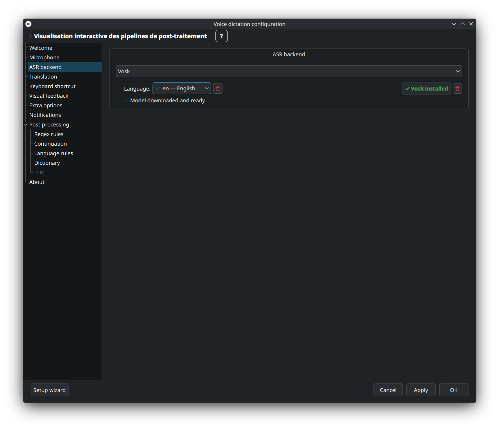 Backend ASR — configuration Vosk