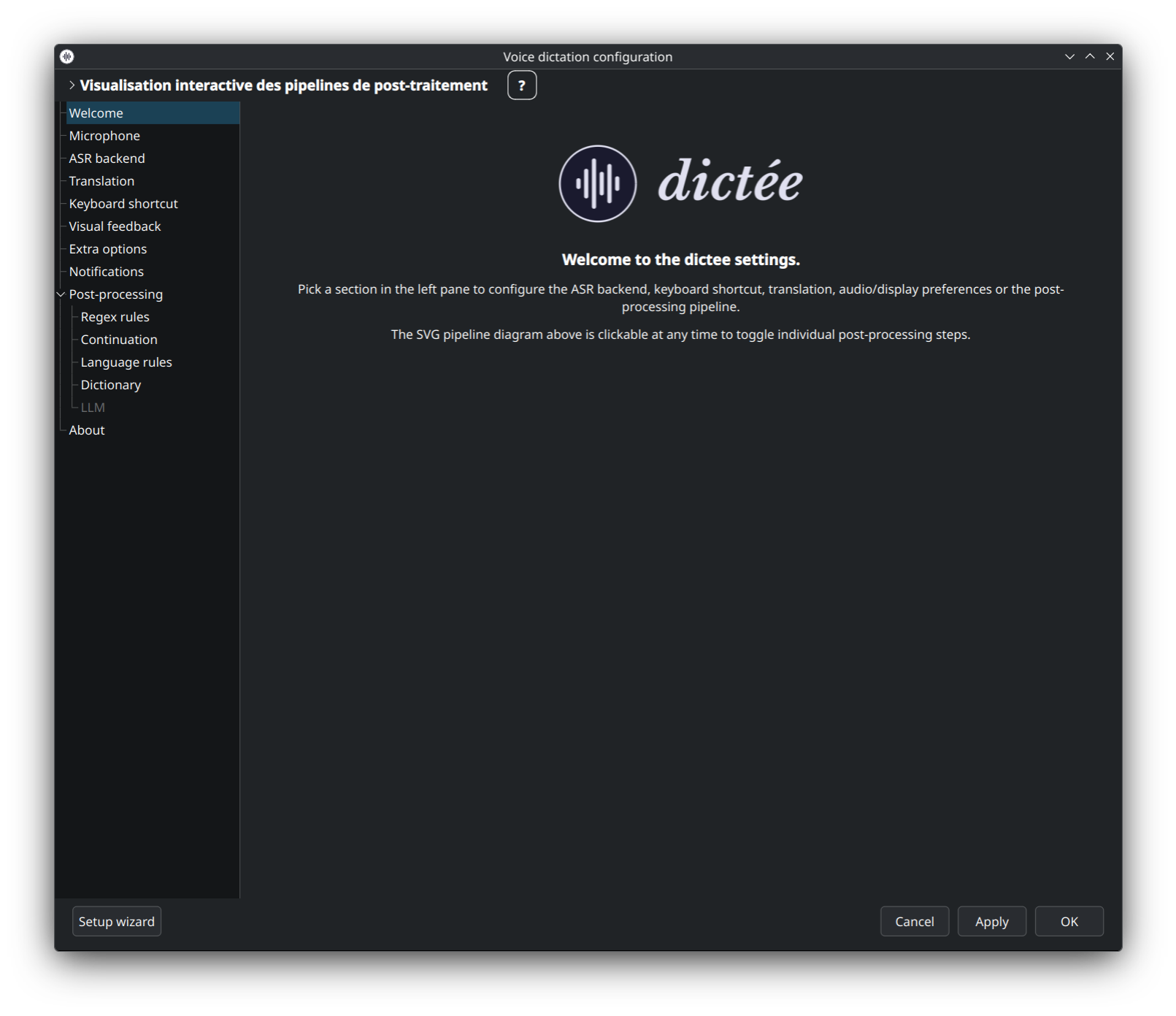 Écran d'accueil de dictee-setup