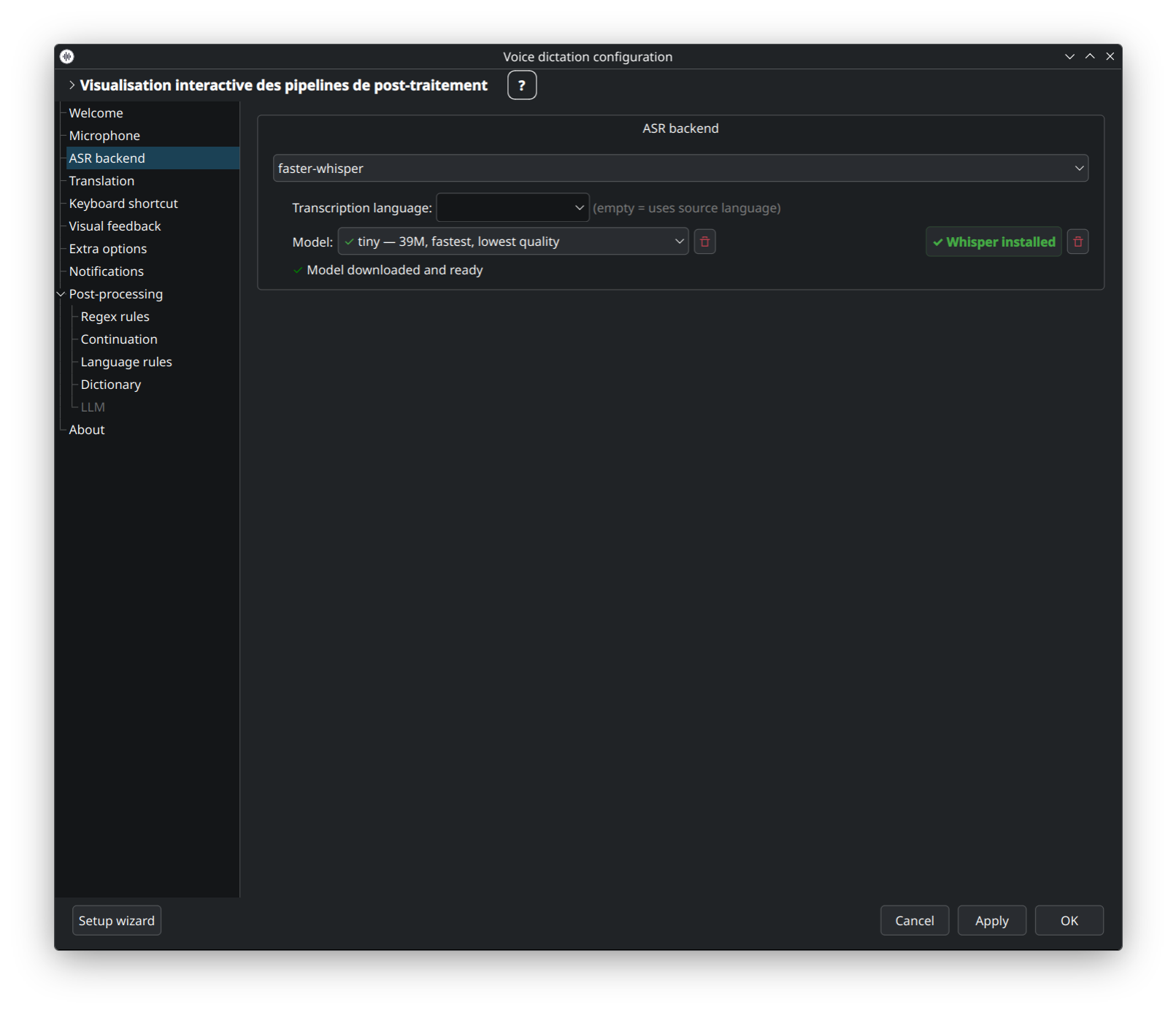 Backend ASR — configuration faster-whisper