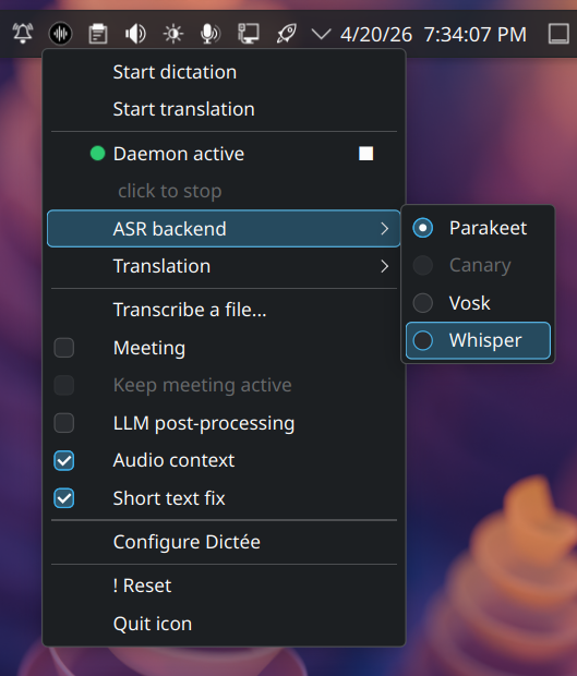Tray icon with menu open