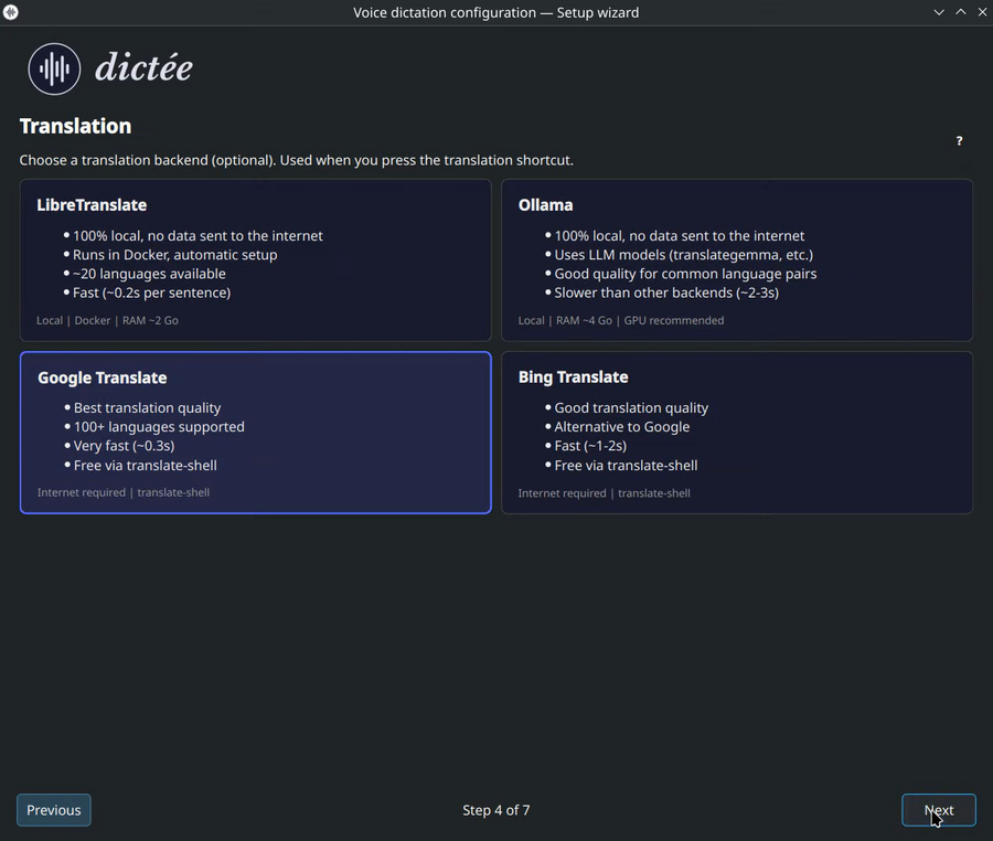Wizard — translation backend selection