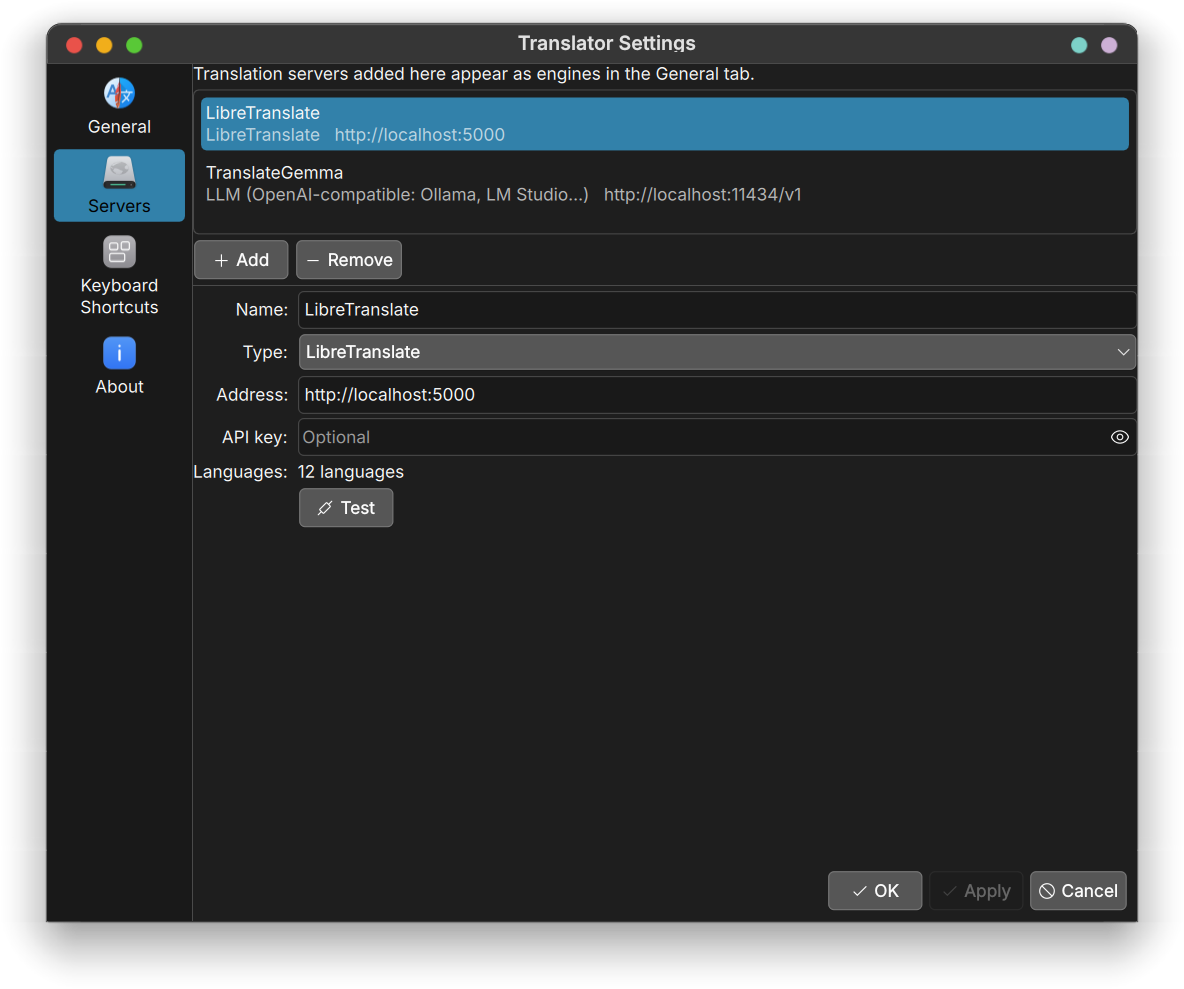 Réglages du serveur LibreTranslate