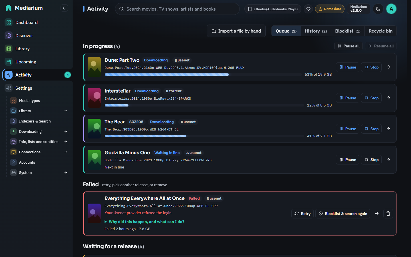 Activity page with downloads in progress, waiting in line and failed