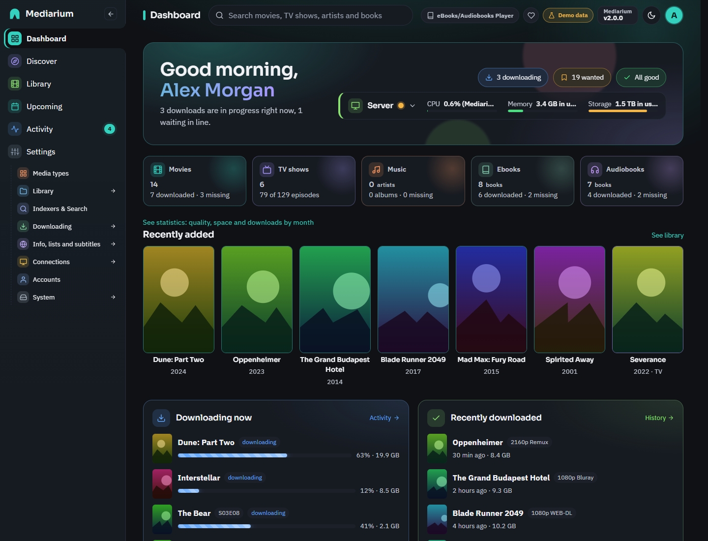 Dashboard with a card for each kind of media and a Server card