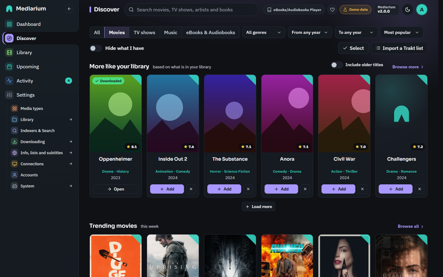 Discover with rows of movies and shows like the ones in your library