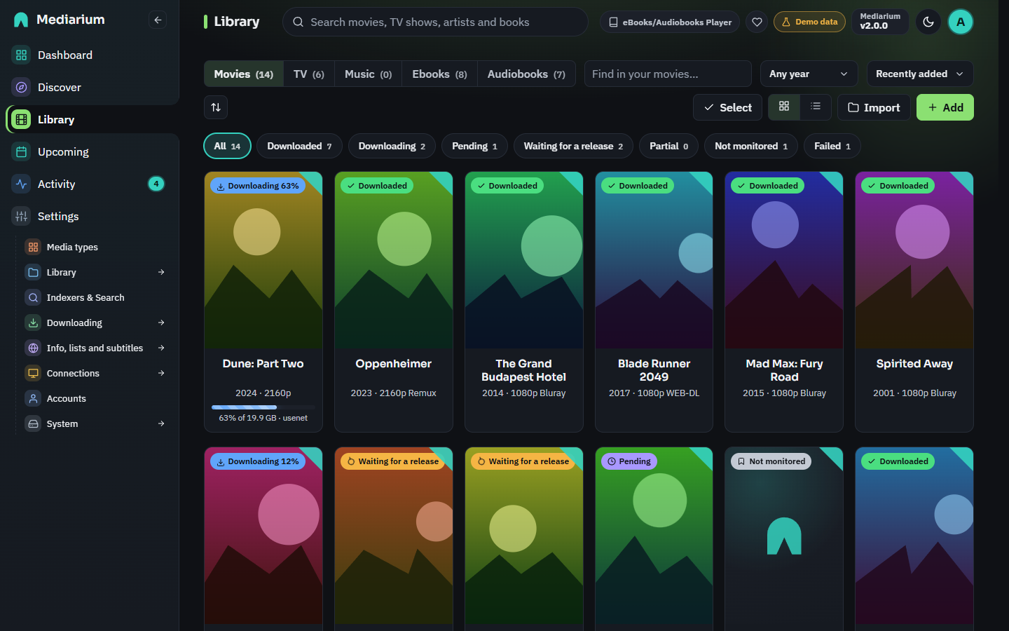 Library of movies with a status badge on each poster