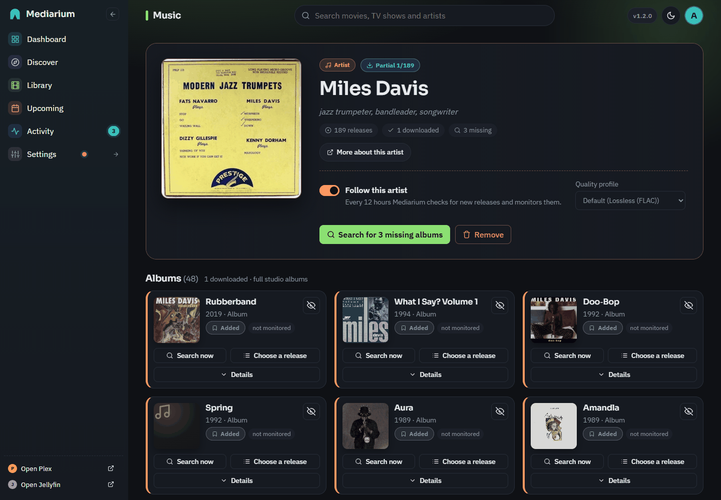 An artist page in the music library