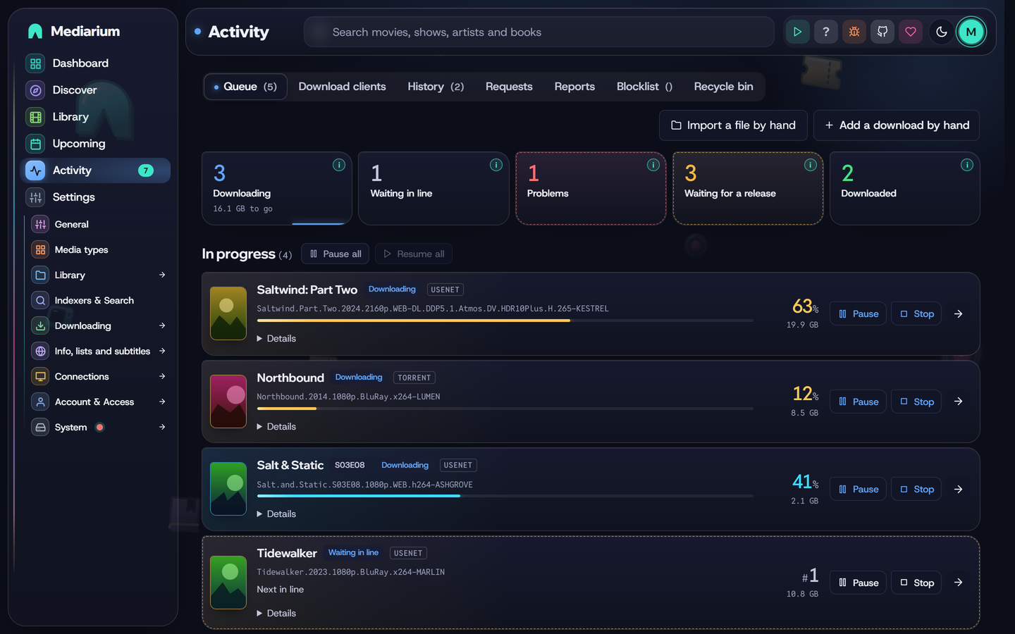 Activity page with downloads in progress, waiting in line and failed