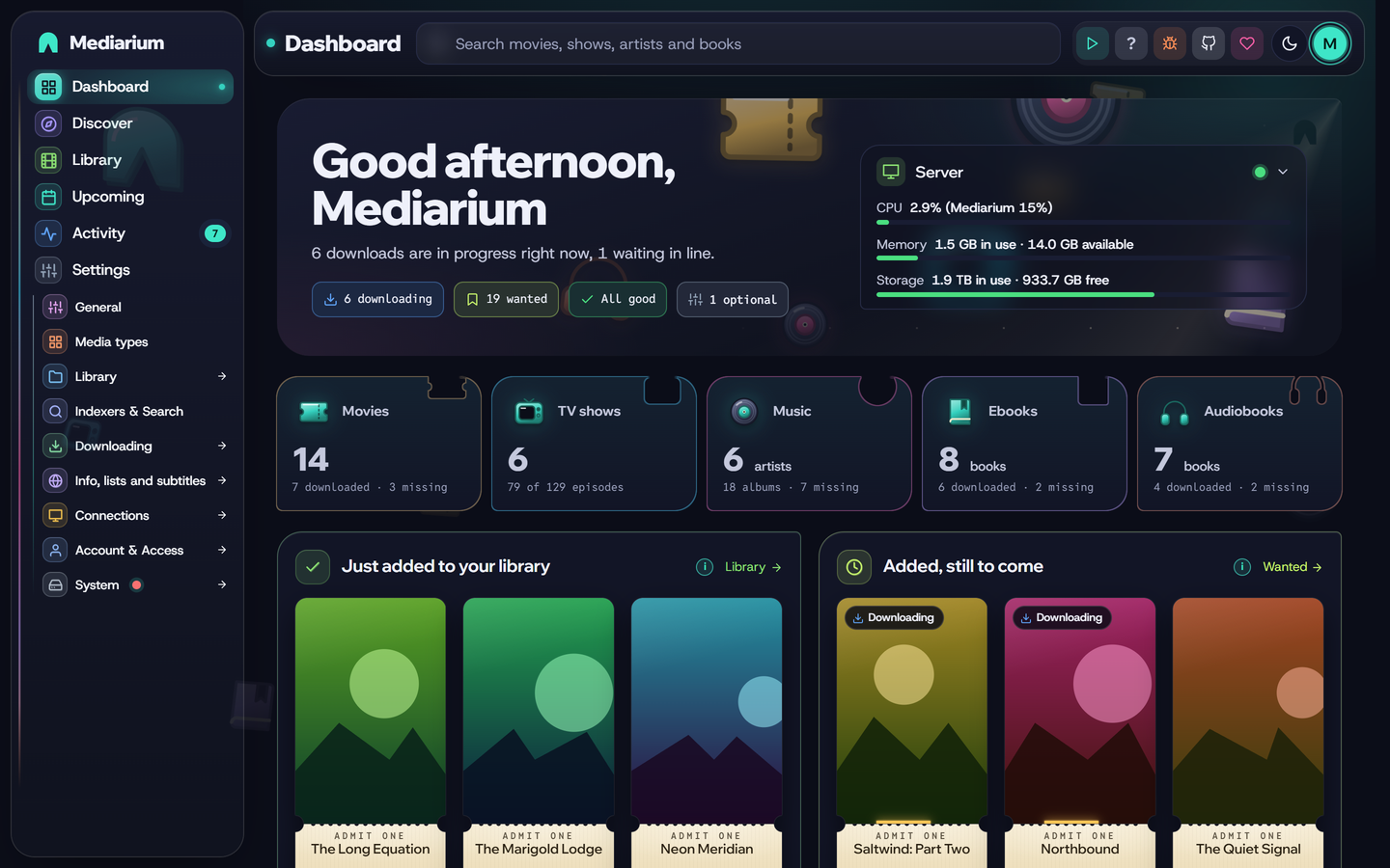 Dashboard with a card for each kind of media and a Server card